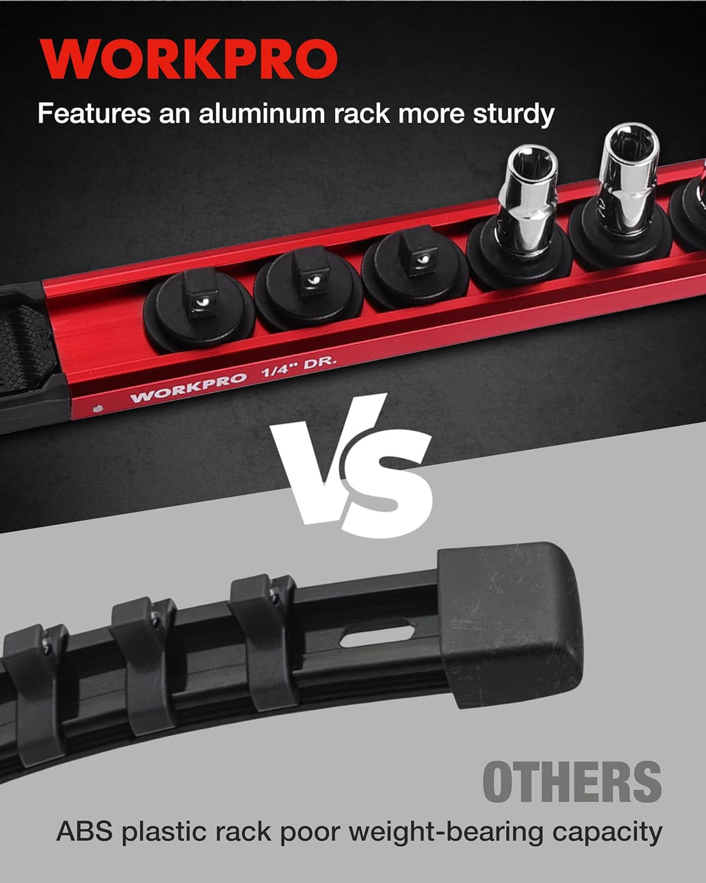 WORKPRO Magnetic Socket Organizer, 1/4" Drive Aluminum Alloy Socket Holder, Heavy Duty Socket Rail with 12 PC Removable Socket Clips, Socket Organizer Tray for Tool Box Drawer (Sockets Not Included)