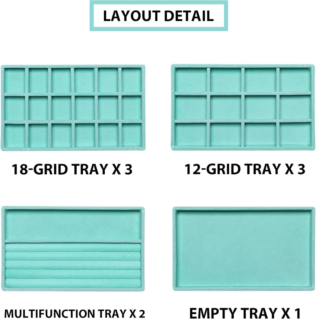 Frebeauty Jewelry Organizer Tray,Stackable Velvet Jewelry Trays,Drawer Inserts Earring Organizer For Women Jewelry Storage Display Case for Rings Stud Necklaces,8.3 x 4.9 x 1 Inches (Turquoise)