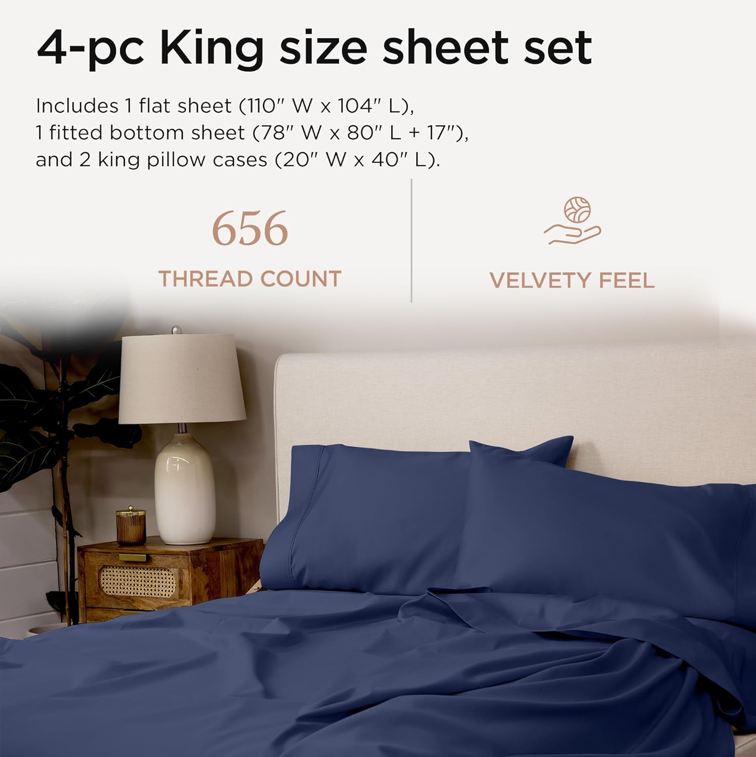 Threadmill American Supima King Size Sheets Set | 656 Thread Count 4 Piece Luxury Bed Sheets for King Size Mattress | 5 Star Hotel Quality Sheets with Elasticized Extra Deep Pocket | Folkstone Blue