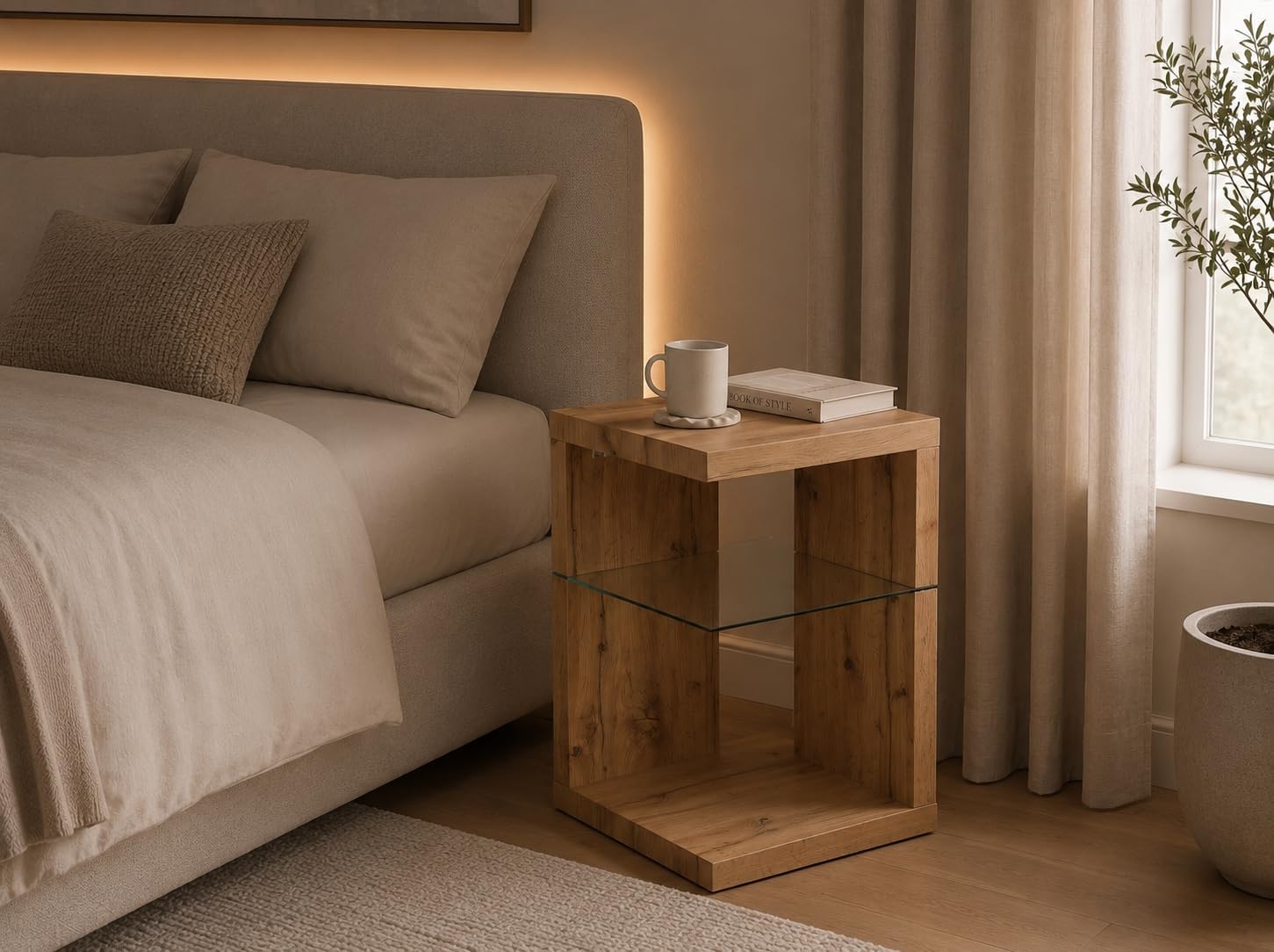 Domingo Side Table/Bedside Table MDF Safety Glass Wild Oak 40 x 40 x 60 cm