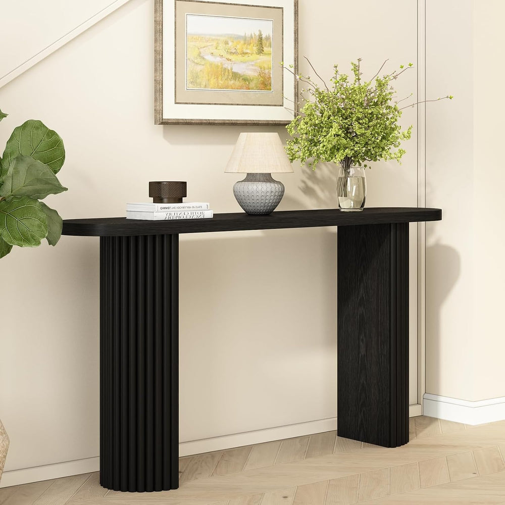 55" Long Fluted Solid Wood Console Table with Semi Circle Legs | Black, ...