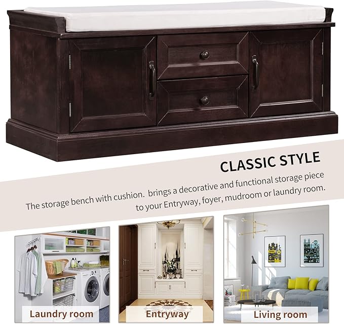 42″ Storage Bench with 2 Drawers and 2 Cabinets，Multipurpose Entryway Shoe Rack W/Removable Cushion，for Living Room Hallway Porch,Espresso