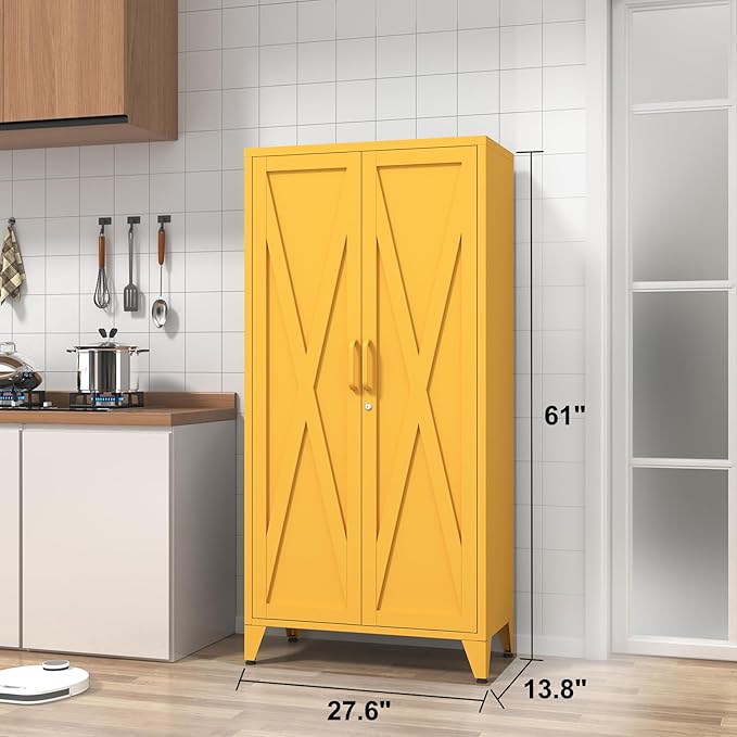 Heavy Duty 61" Lockable Pantry Cabinet, 2-Door 4-Tier Storage Cabinet with 3 Adjustable Shelves, Yellow Metal Kitchen Cabinet for Kitchen, Living Room, School Tool Storage, 61"H X 27.6"W X 13.8"D