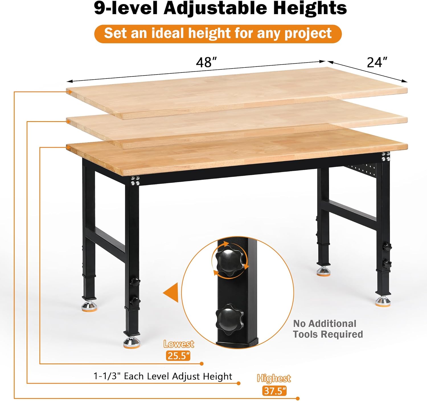 Betterhood Adjustable Height Workbench, 48" Rubber Wood Top Heavy Duty Workstation with Power Outlets, 2000 LBS Load Capacity Hardwood Worktable for Workshop, Garage, Office, Home, Commercial