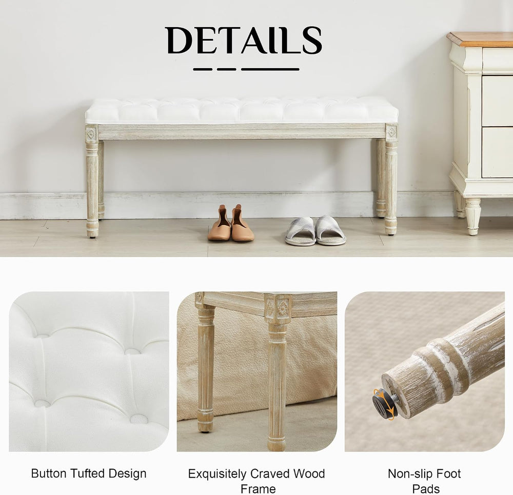 LOULENS 43.9" Linen Fabric End of Bed Bench, Vintage French Upholstered ...