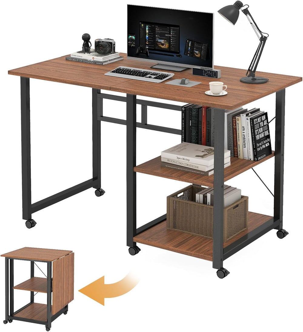 Funecy Folding Desk with Storage Shelf, Writing Office Computer Desk, 42.5 In...