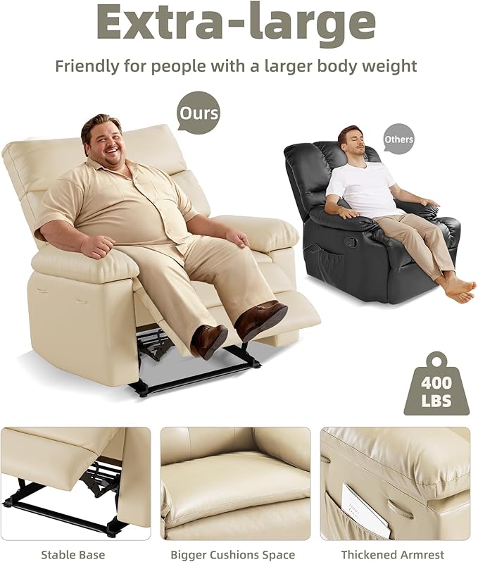 GarveeHome Oversized Recliner Chair - PU Leather Manual Recliner for Adults, Lazy Chair with 1.5X Sponge Comfort Arm and Back for Living Room, Bedroom