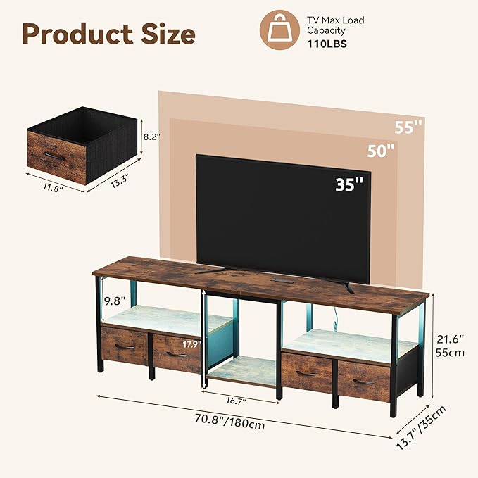 TV Stand for 80/75 Inch TV, LED Entertainment Center with 4 Fabric Drawers and Power Outlets, Modern Industrial TV Media Console for Living Room, Bedroom Storage Cabinet - 71'' Rustic Brown