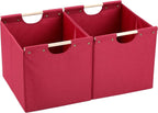 HOONEX Large Collapsible Storage Bins, Linen Fabric, Pack of 2, Storage Baskets with Wooden Carry Handles and Sturdy Heavy Cardboard, for Home, Office, Car, Nursery, Red
