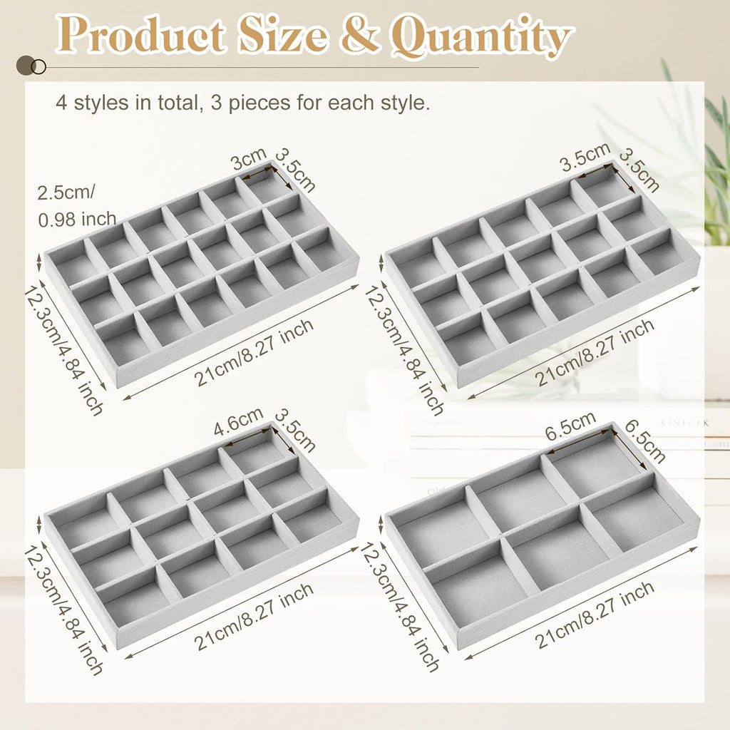 Junkin 12 Pcs Jewelry Tray Velvet Stackable Jewelry Organizer Trays Divided Earring Accessories Storage Containers Box (Rose Red)