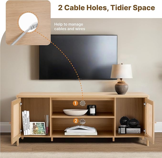 Rattan TV Stand for TVs up to 75'' Boho Entertainment Center with Adjustable Shelf Television Stand with 2 Storage Cabinets Media Console Wooden TV Cabinet for Living Room Bedroom,Natural Oak