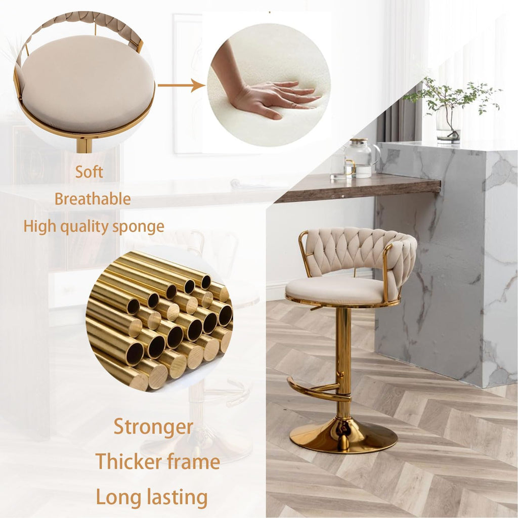 Riknuxi Velvet Bar Stools Set of 3, Counter Height Barstools with Low Back, Gold Swivel Bar Stool for Kitchen Island, Pub (Beige)