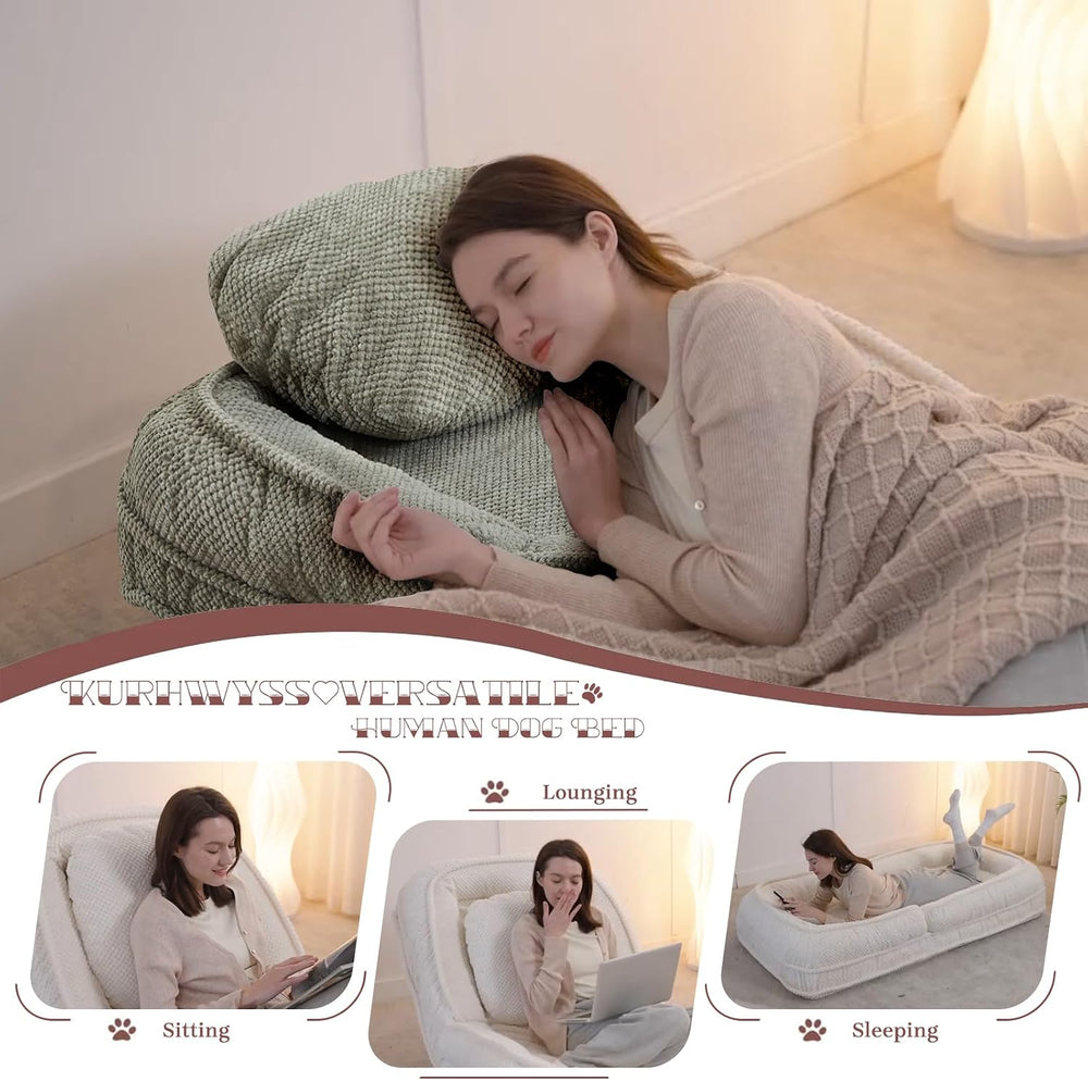Upholstered Human Dog Bed for Adult & Pets, Convertible Lazy Sofa Bed wit...