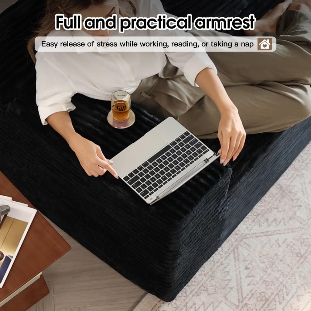 107.5" Comfy U-Shaped Sectional Modern Boneless Corduroy Couch with Chaise ‌and Ottoman‌ - No Assembly Required! Deep-Seat, Upholstered Modular Cloud Sofa for Living Room, Plush Corduroy Fabric(Black)