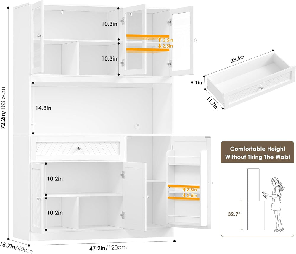 BOTLOG 72” Tall Kitchen Pantry Storage Cabinet, Modern White Kitchen Hutch wi...