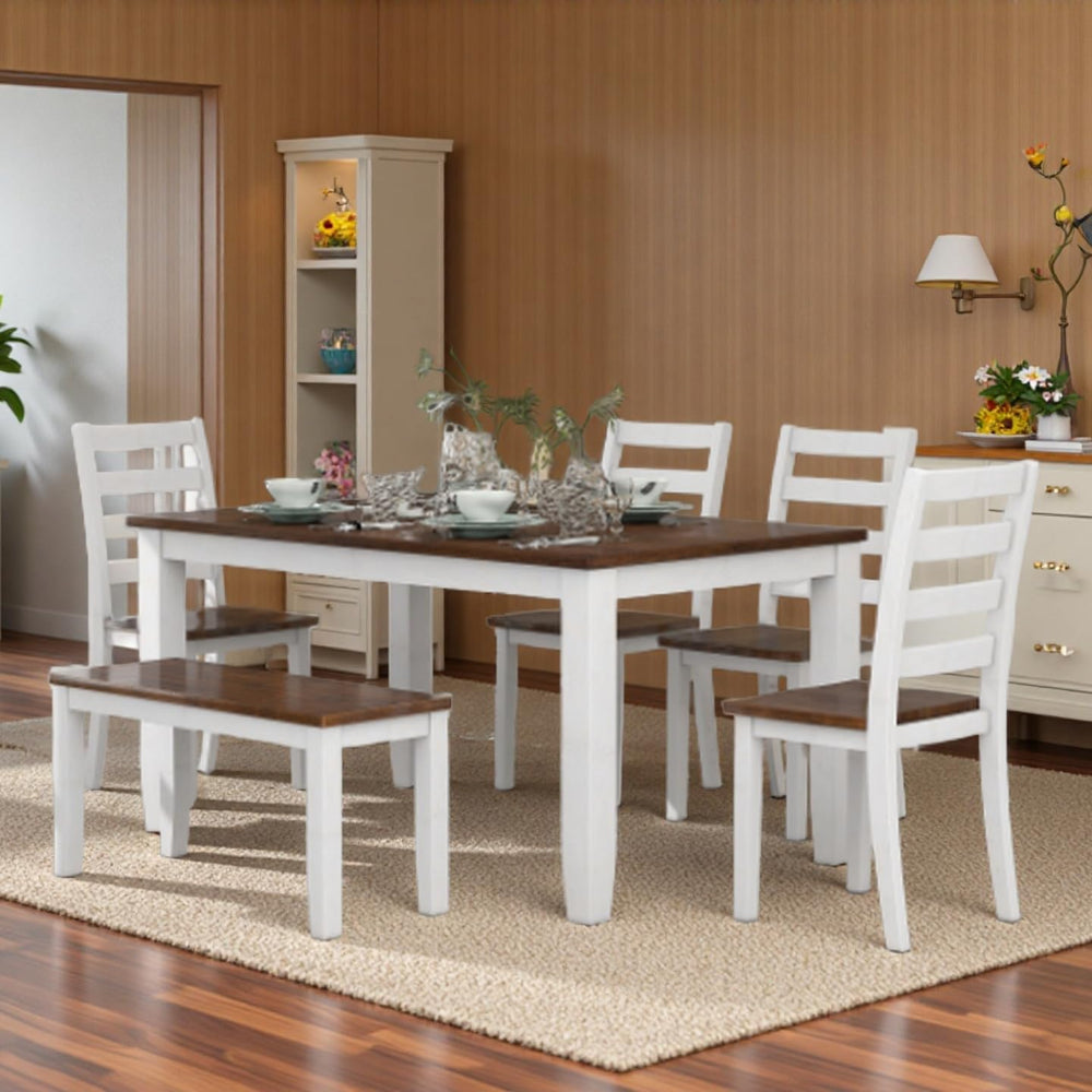 LUMISOL 6 Piece Farmhouse Dining Table Set with Bench, Walnut Cottage White