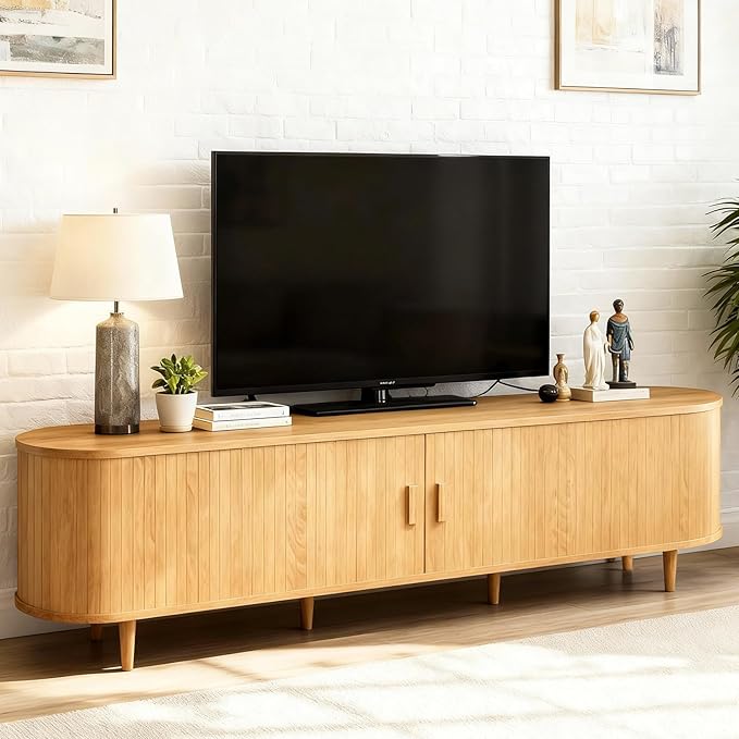 70" Mid Century Modern TV Stand, Wood TV Consoles with Sliding Doors and...