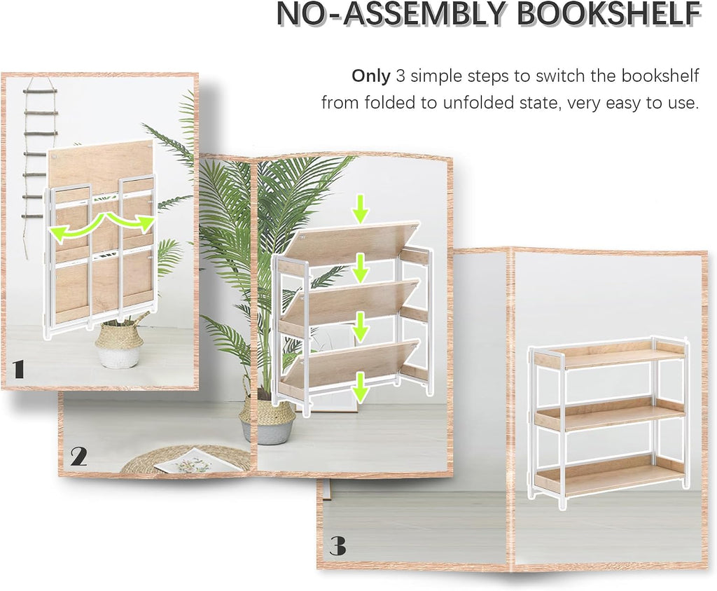 4NM Extra Wdie No Assembly Folding Bookshelf, 34" H x 30.9" W, 3 Tier Collapsible Book Shelf Bookcase Foldable Shelves for Bedroom Living Room Home Office - Cloud Oak & White