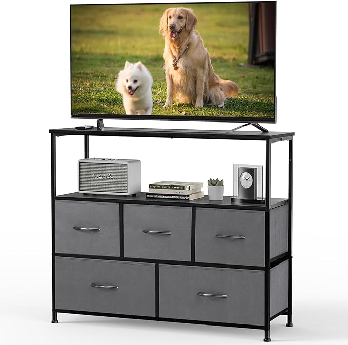 DUMOS TV Stand, Dresser with 5 Fabric Storage Drawers, Media Console Featurin...