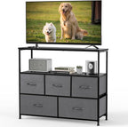 DUMOS TV Stand, Dresser with 5 Fabric Storage Drawers, Media Console Featuring Open Shelf for TV, Compact Entertainment Unit for Bedroom, Living Space, or Dorm Organization, Grey