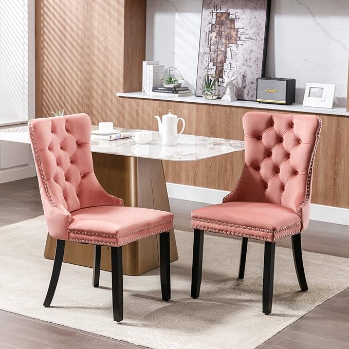 Pink Velvet Dining Chairs Set of 2, Tufted Upholstered Dining Room Chairs with Back Ring Pull, Nailhead Trim and Solid Wood Legs, Modern Dining Chairs for Dining Room, Kitchen,Pink