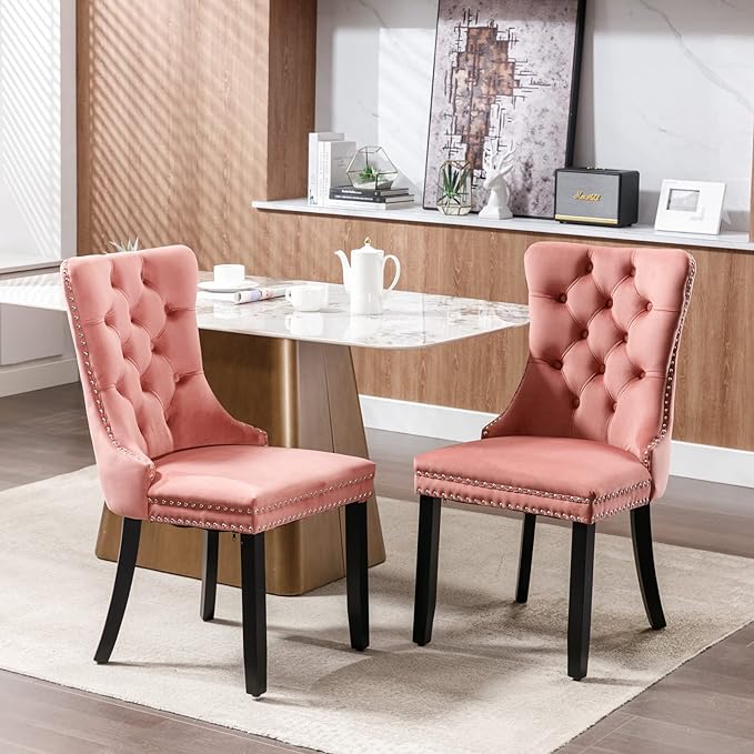 Pink Velvet Dining Chairs Set of 4, Tufted Upholstered Dining Room Chairs with Back Ring Pull, Nailhead Trim and Solid Wood Legs, Modern Dining Chairs for Dining Room, Kitchen,Pink