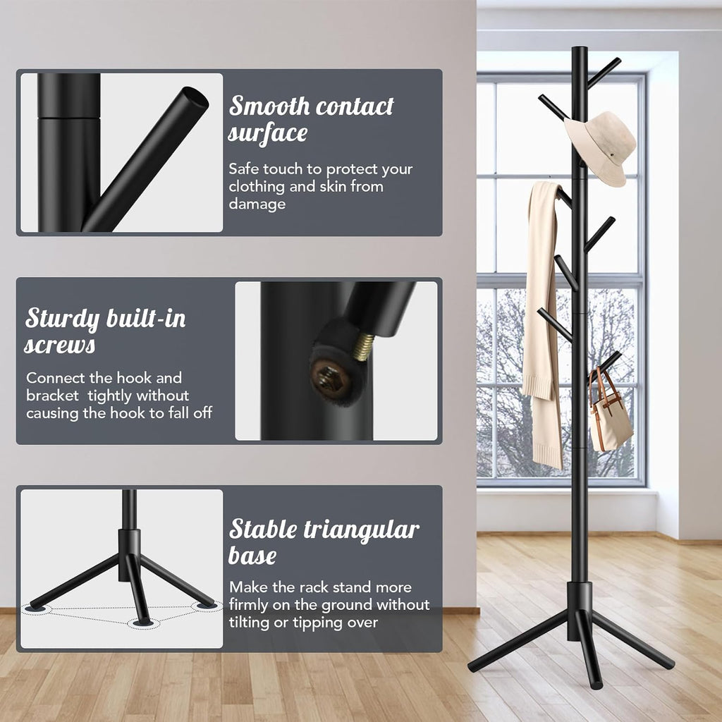 Wooden Coat Rack Freestanding with 8 Hooks,Easy Assembly New Zealand Pine Tree Coat Racks, 3 Adjustable Sizes for Clothes, Hats, Bags, for Entryway, Hallway, Bedroom, Office (Black, 1 PC)