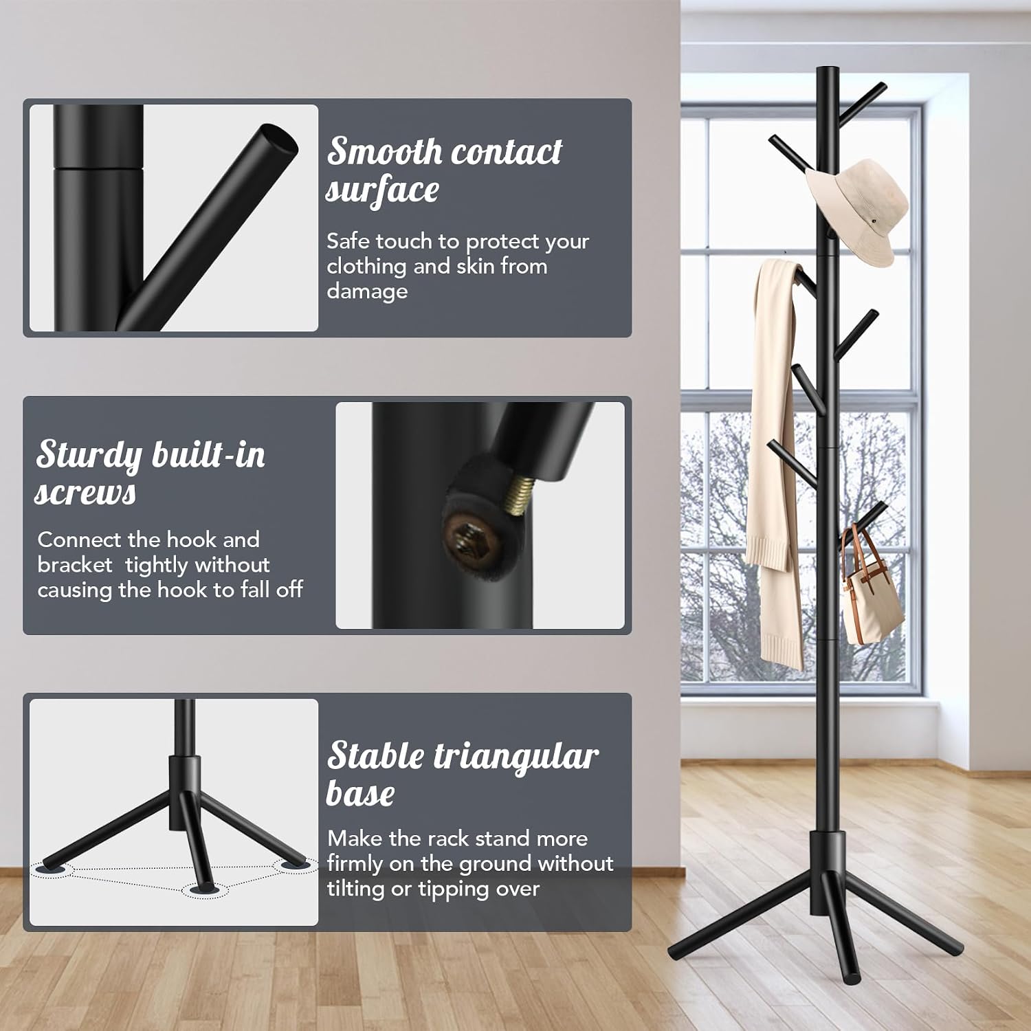 Wooden Coat Rack Freestanding with 8 Hooks,Easy Assembly New Zealand Pine Tree Coat Racks, 3 Adjustable Sizes for Clothes, Hats, Bags, for Entryway, Hallway, Bedroom, Office (Black, 1 PC)