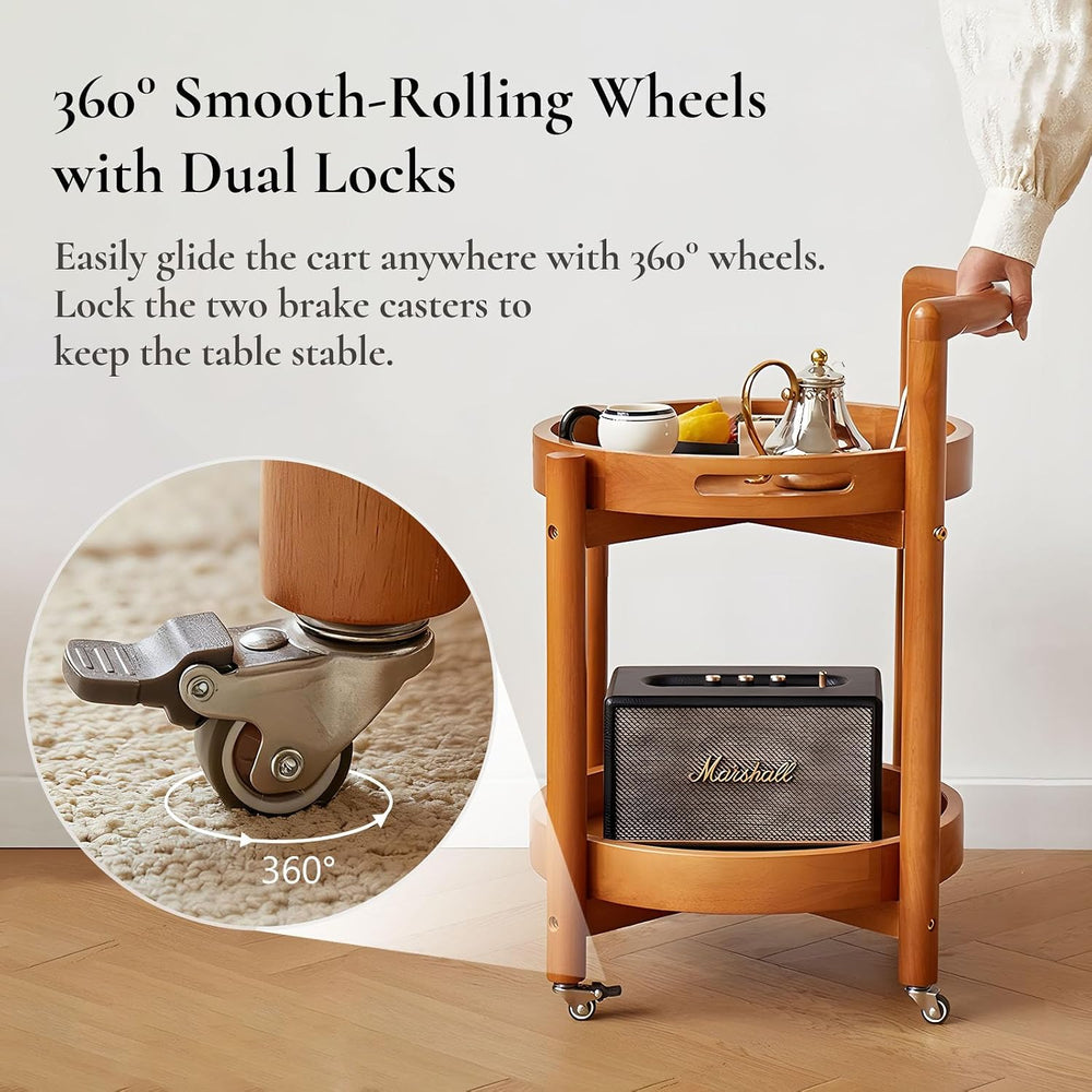 Side Table with Wheels, Mid Century Modern Rolling End Table, Solid Wood Roun...
