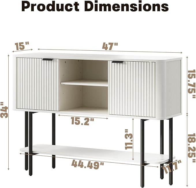 Fluted Console Table with Storage, 47" Long Entryway Table with with 2 Door Cabinets and Open Storage Shelf, Wood Sofa Table Behind Couch for Hallway Entrance Foyer Living Room, White