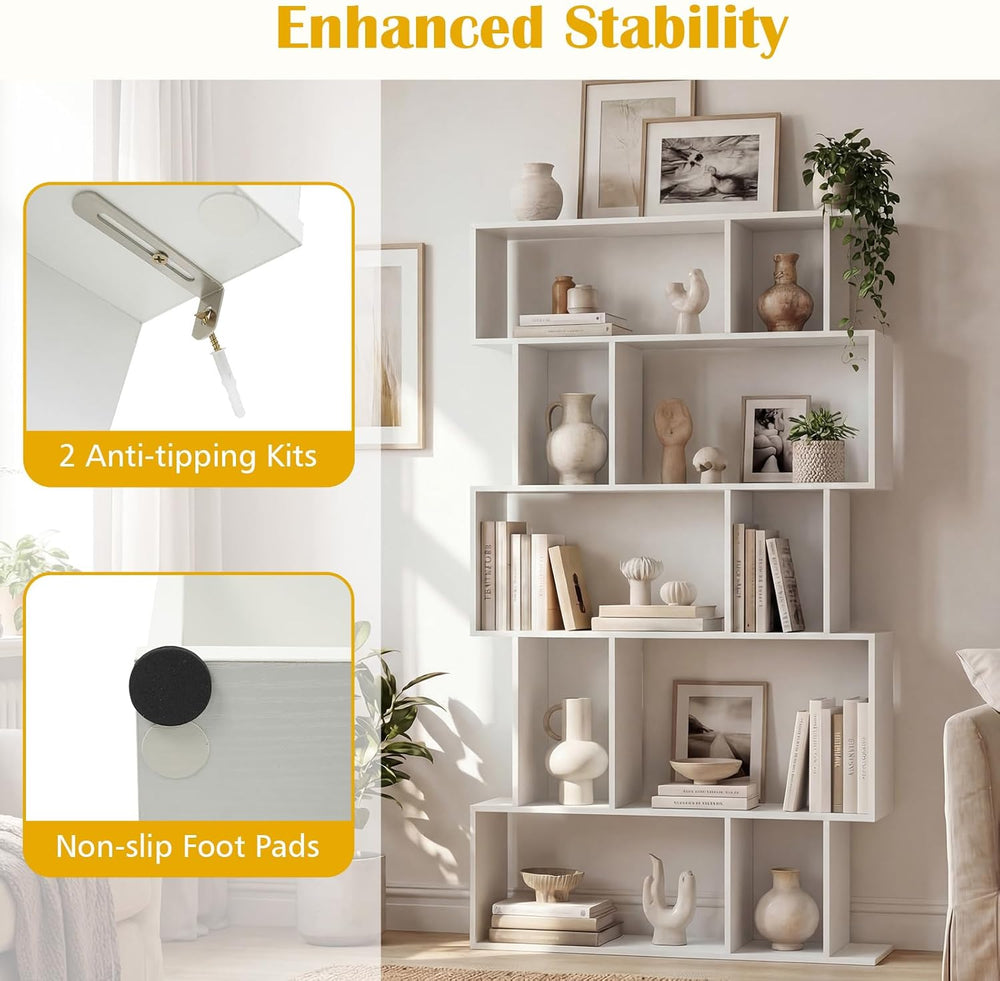 5-Tier Geometric Bookshelf w/Anti-tip Kit & 5 Closed-Back Cubbies