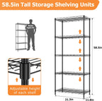 Storage Shelves,21.3" W x 11.8" D x 58.5" H Kitchen Wire Shelving Unit Loads 550LBS,5-tier Adjustable Metal Utility Shelf,Garage Shelves,Home Storage Rack for Kitchen, Laundry, Pantry and Closet