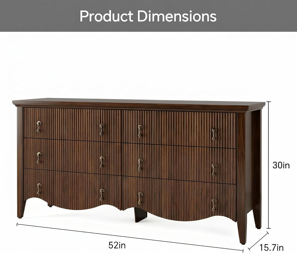 Walnut 6-Drawer Fluted Dresser, Wide Double Chest of Drawers,