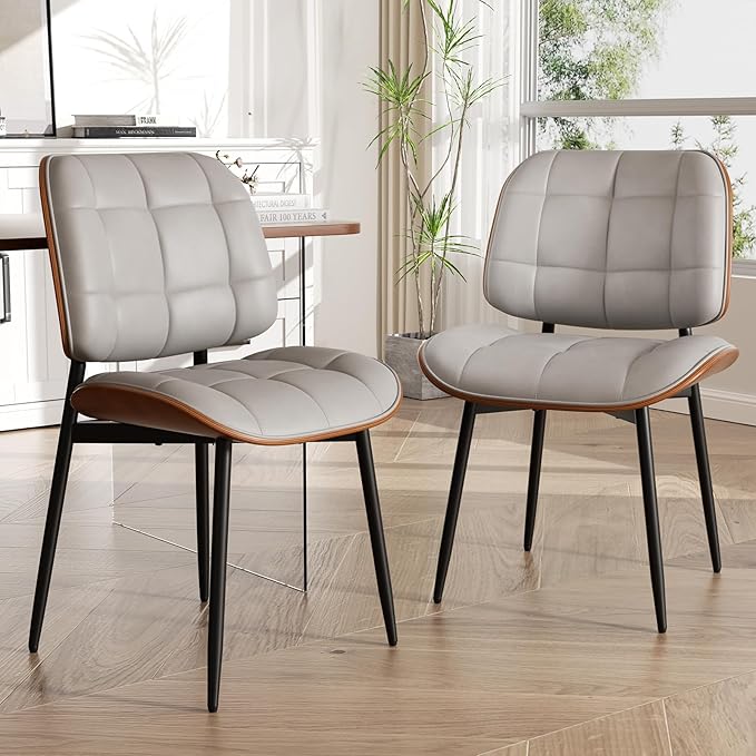 Dining Chairs Set of 6, Mid Century Modern Dining Room Chair, Upholstered Faux Leather Kitchen Chairs with Thick Cushion and Walnut Bentwood Back for Kitchen Dining Room, Grey