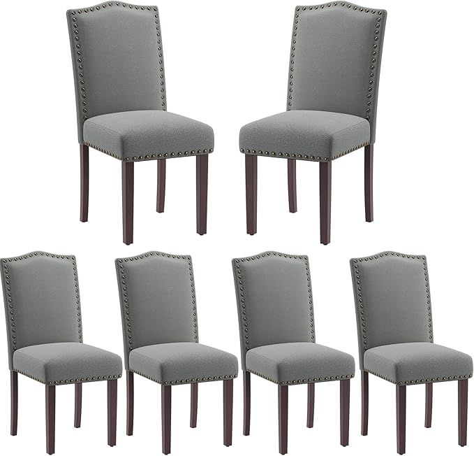 COLAMY Grey Upholstered Parsons Dining Chairs Set of 6,Comfortable Foam Seat, Classic Nailhead Trim, Solid Wood Legs, Stable & Easy to Assemble for Dining Room, Kitchen, Living Room & Café