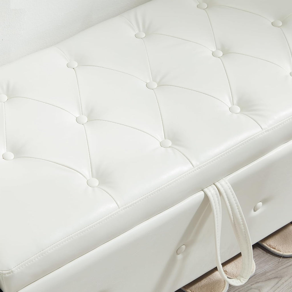 48" Storage Ottoman Bench, Ivory White | Faux Leather, Lift Top, For Living Room & Bed End, Upholstered Tufted PU