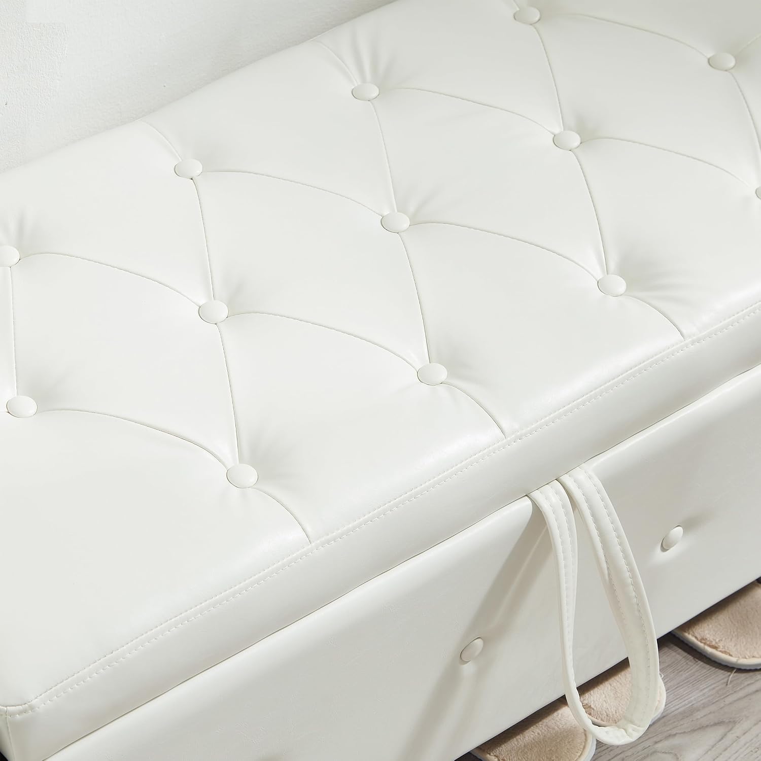 48" Storage Ottoman Bench, Ivory White | Faux Leather, Lift Top, For Living Room & Bed End, Upholstered Tufted PU