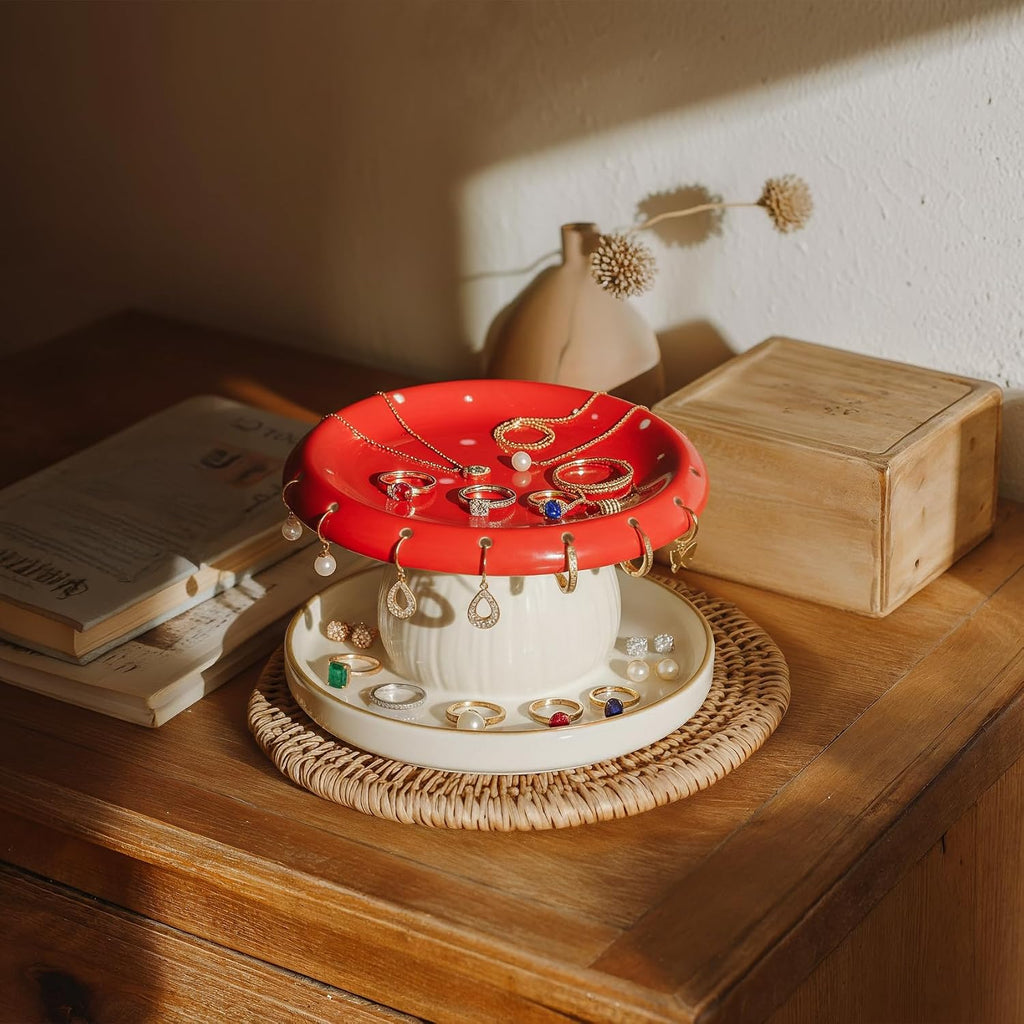 Mushroom Jewelry Ring Holder for Women, Handmade Ceramic Decorative Jewelry Tray Trinket Dish for Rings Earrings Necklace, Engagement Birthday Mushrooms Gifts for Women Mom, Cottagecore Decor