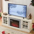TV Stand with Electric Fireplace & Storage Cabinet, Entertainment Center with 2 Glass Door, Faux Stone Media Console Table for Living Room (White,70" with Fireplace)