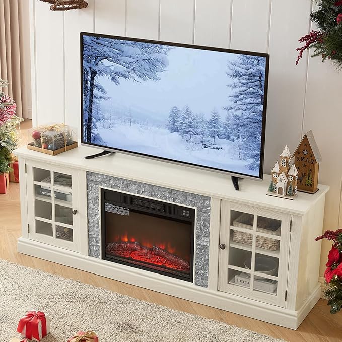 TV Stand with Electric Fireplace & Storage Cabinet, Entertainment Center with 2 Glass Door, Faux Stone Media Console Table for Living Room (White,70" with Fireplace)