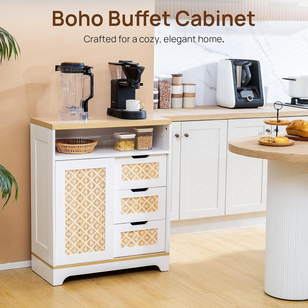Sideboard Buffet Cabinet with Storage, Rattan Door and 3 Drawers, White | Sli...