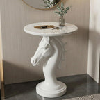 Modern Horse Statue Side Table - Round Faux Marble Top Accent Pedestal with Sculpture Base for Entryway & Living Room, White