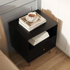 Black Night Stand Set 2,Modern Bedside Table with Door and Open Storage,Fluted Nightstand and Wood End Side Table with Rose Gold Metal Legs and Handles for Bedroom,Living Room,Black