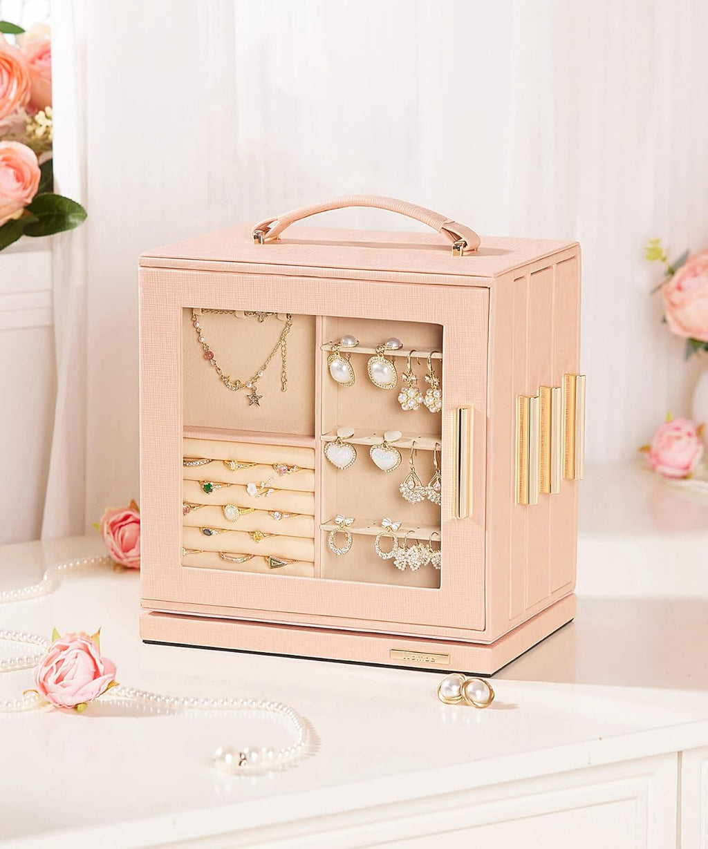 Homde Christmas Gifts Jewelry Box 360° Rotating, Necklace Earring Organizer with Transparent Window, Mirror, 7 Drawers, Large Ring Display Storage Case for Girls Women (Peach Pink)