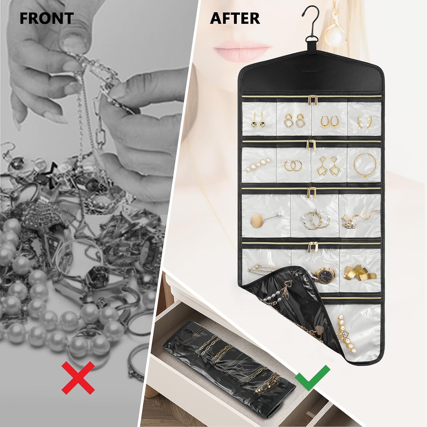 CHICECO Travel Jewelry Holder Organizer,Hanging Jewelry Organizer Storage With Zippered Pockets for Cloest,Wall,Door,Jewelry Holder for Earrings, Necklaces（Beige Black）
