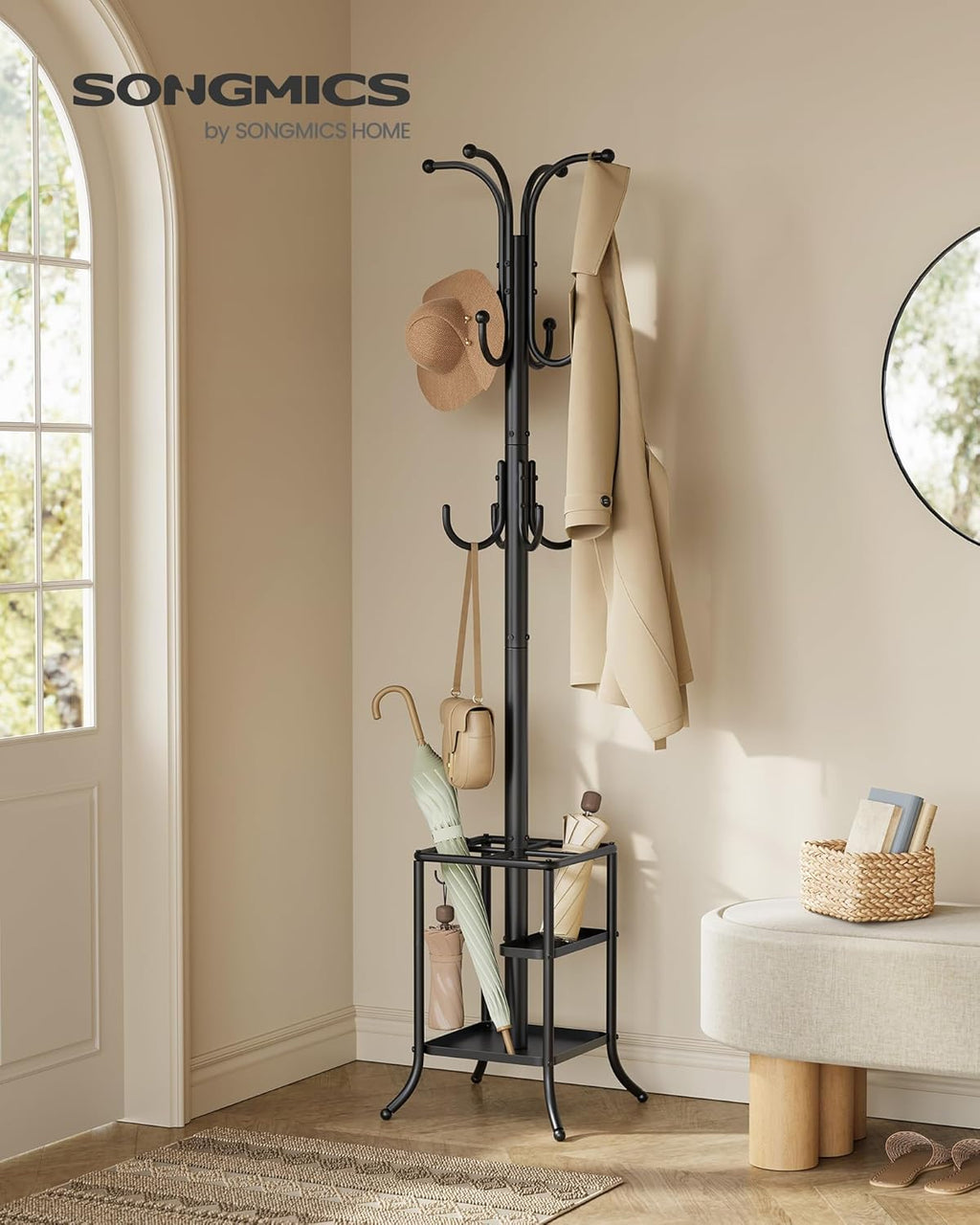 SONGMICS Coat Rack Freestanding with Umbrella Holder, Metal Coat Rack Stand with 12 Hooks, for Entryway, Hallway, Living Room, Bedroom, Ink Black URCR082BH02S