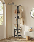 SONGMICS Coat Rack Freestanding with Umbrella Holder, Metal Coat Rack Stand with 12 Hooks, for Entryway, Hallway, Living Room, Bedroom, Ink Black URCR082BH02S