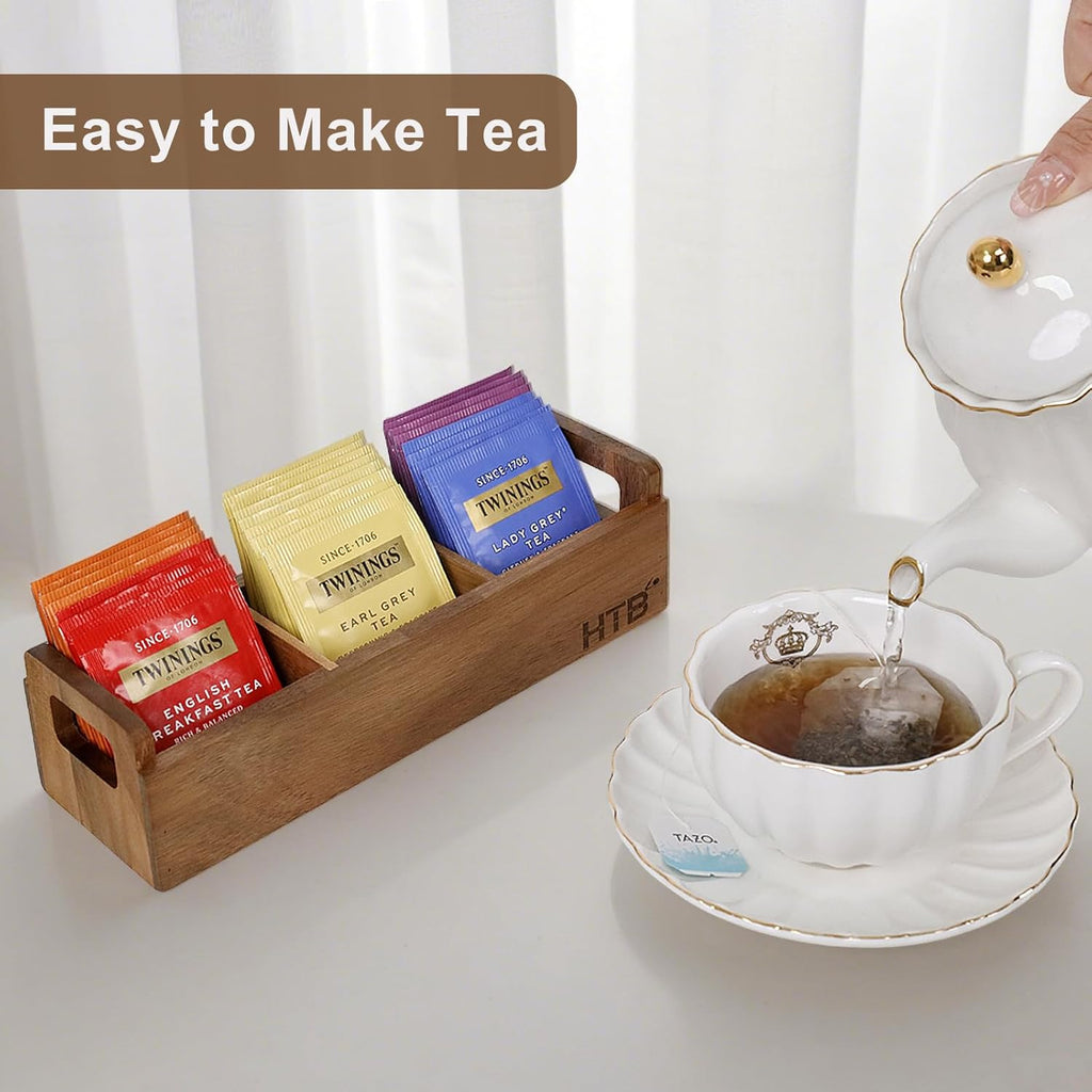 HTB Small Wooden Tea Bag Box 2PCS, 3 Compartments Acacia Wood Tea Bag Chest with Handle, Mini Countertop Divided Storage Container for Beverage Supplies, Sugar, Sweeteners, Individual Packets