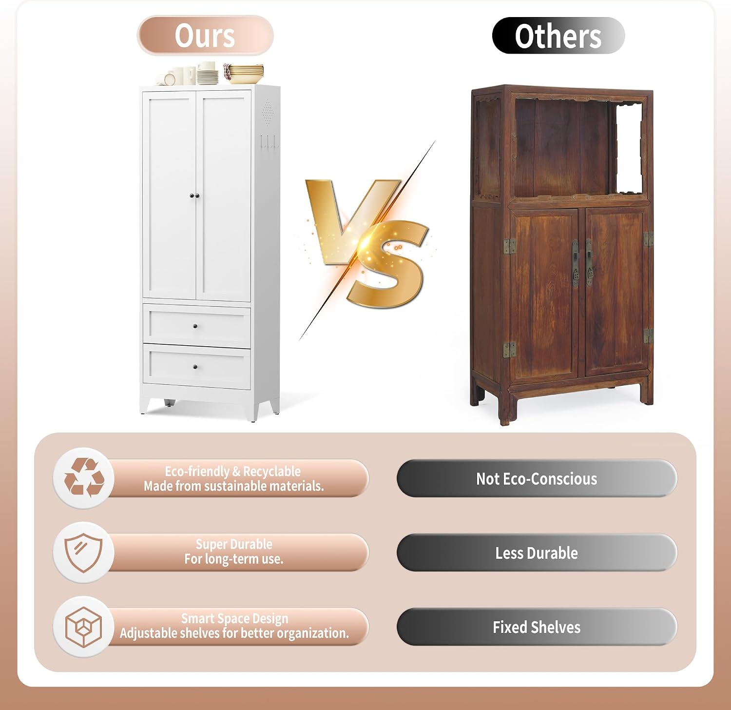 72" Tall Metal Kitchen Pantry Cabinet - Freestanding Sideboard Storage Bookcase with Adjustable Shelves & Drawers, Cupboard Storage Hutch Cabinet for Kitchen/Pantry/Bathroom