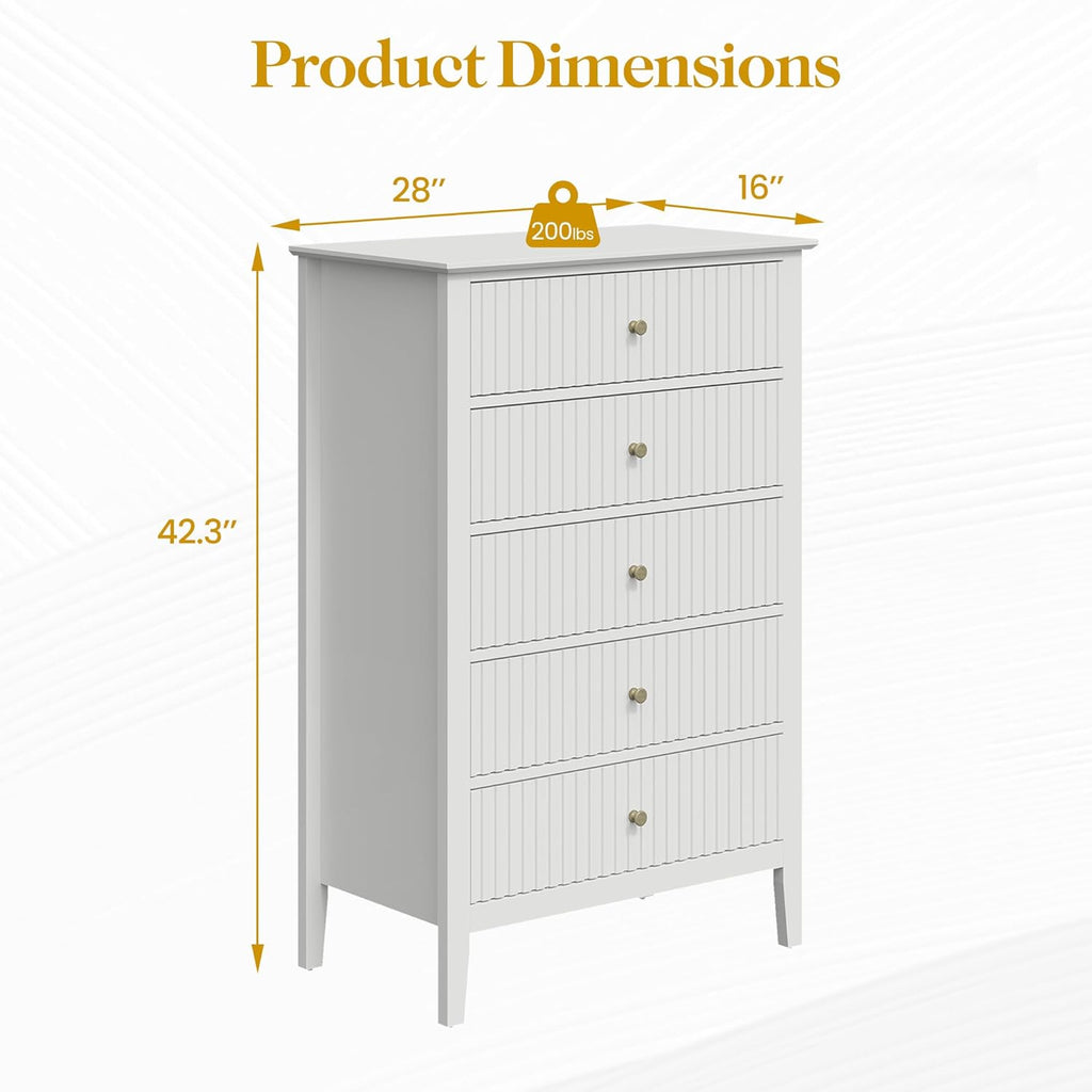 RoyalCraft White Fluted 5 Drawer Dresser for Bedroom, Tall Chest of Drawers, Waterproof Lacquered Desktop,Modern Wood Storage Cabinet for Living Room